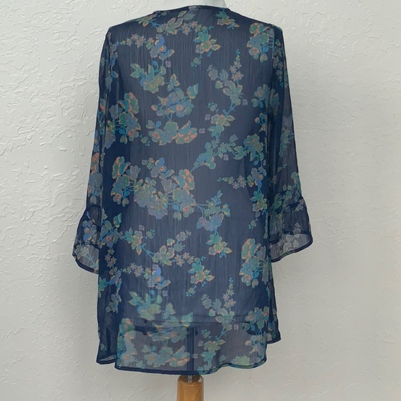 Sheer Navy Blue Floral Kimono Duster Bell Ruffle Sleeve Boho Cover Up - Picture 3 of 5